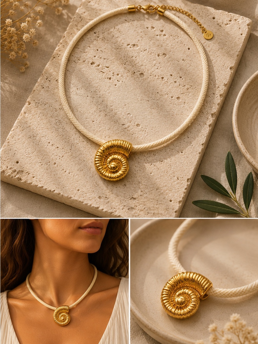 New mayamar Gold Nautilus Pendant Necklace in Cream Cord - Picture 2 of 2